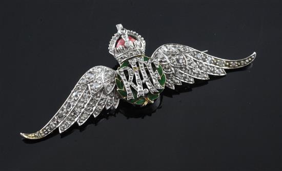 A mid 20th century white gold, two colour enamel and rose cut diamond R.A.F. sweetheart brooch, 2.25in.